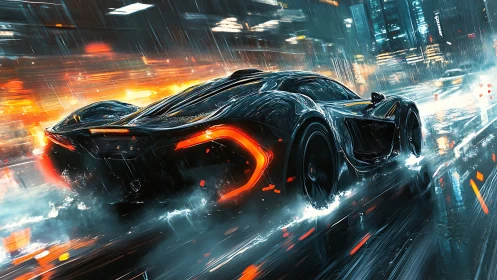 Futuristic sports car accelerates through neon city rain