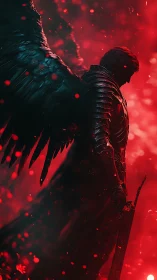 Winged armored figure stands in red backlit particle field
