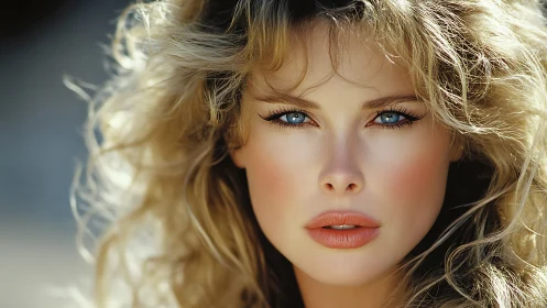Close-up portrait of woman with curly hair and blue eyes.