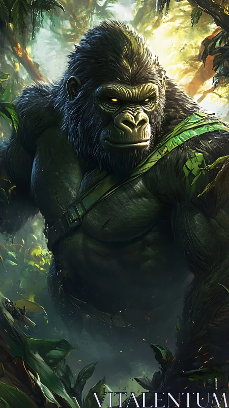 Primal jungle titan with glowing eyes in verdant light.