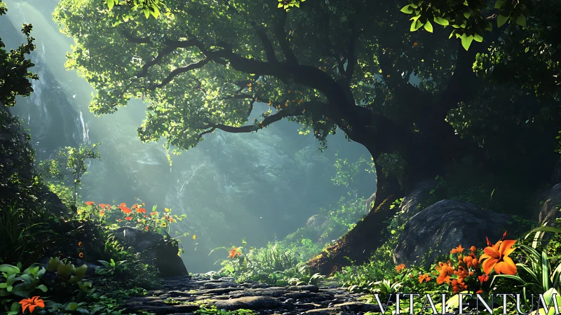 Mystical Forest Glade With Ancient Tree and Golden Sunlight.