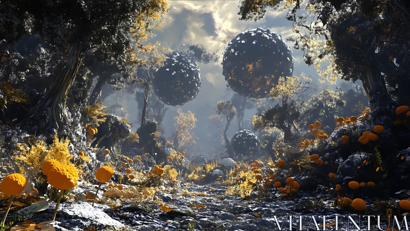 Glowing forest path welcomes floating orbs in gentle twilight