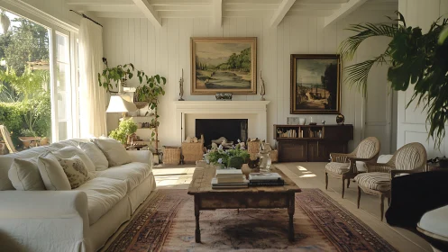 Sunlit cottage-style living room blends comfort and greenery.