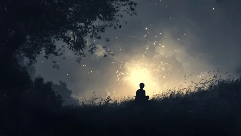 Silhouette child on twilight hillside facing luminous forest core
