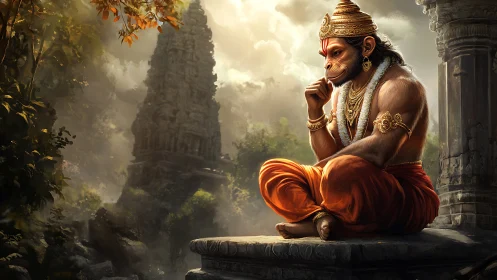 Contemplative monkey sage amid misty temple jungle hush.