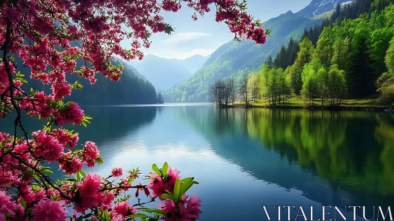 Mountain lake shoreline with cherry blossoms and forest reflections
