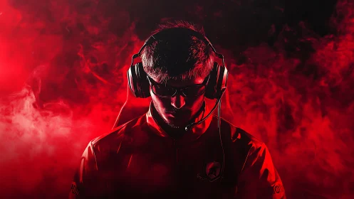 Esports tactician emerges from crimson smoke, wired for victory.