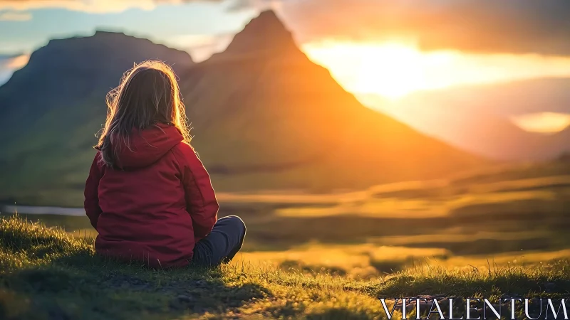 Child in red jacket facing sunlit mountain landscape.