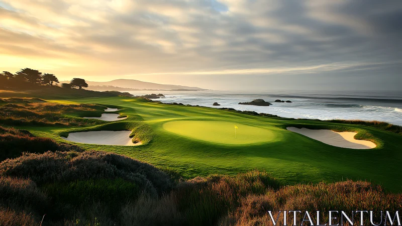 Oceanfront golf green glows beneath a drifting sunset sky.