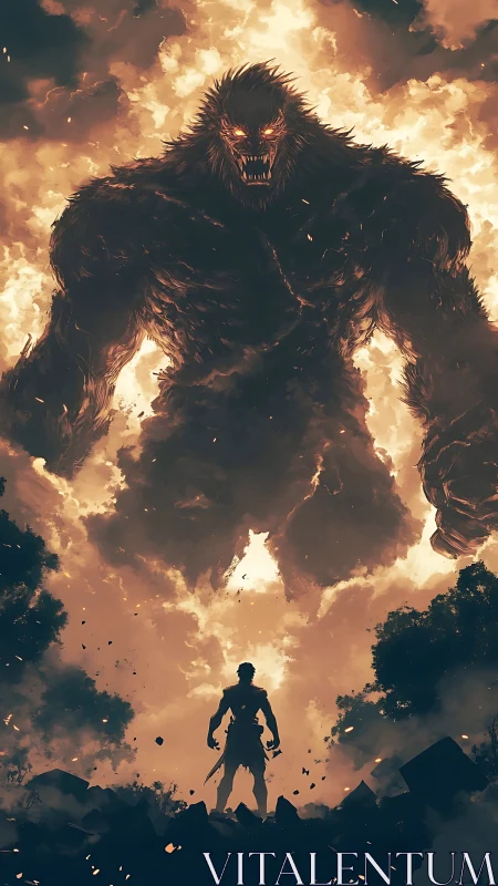 Lone warrior stands brave before a towering fire titan.