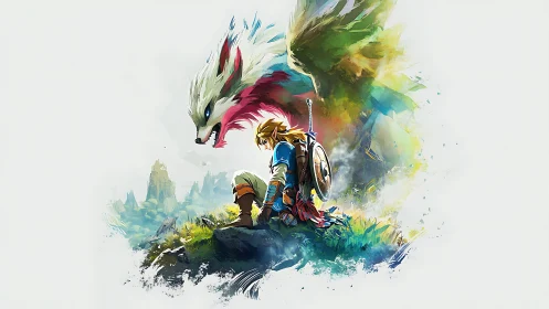 Heroic swordsman kneels before spectral wolf in vivid landscape