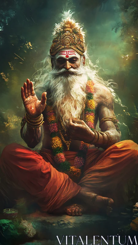 Mystic sage in blessing mudra under ethereal forest light.