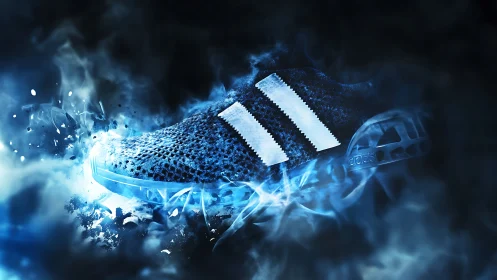 Electric blue running shoe engulfed in kinetic smoke effects.