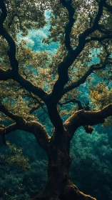 Majestic forest tree reaches skyward through soft teal light