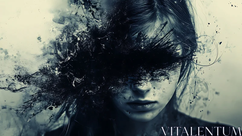 Haunting portrait shrouded in inky chaos and inner turmoil
