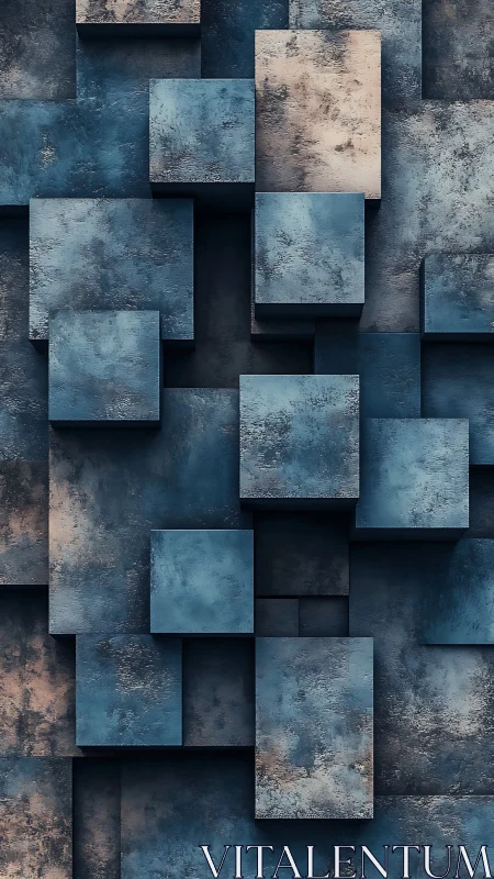 Layered blue concrete cubes in abstract geometric wall.
