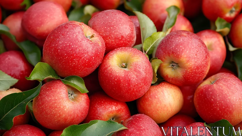 Fresh red apples piled with green leaves after harvest.