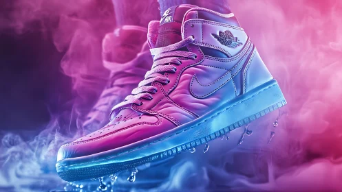 Neon dream sneakers floating through glowing vapor clouds.