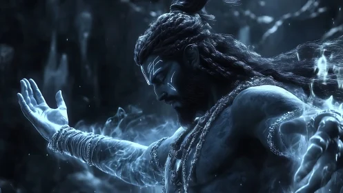 Divine warrior channels ethereal energy in icy twilight.