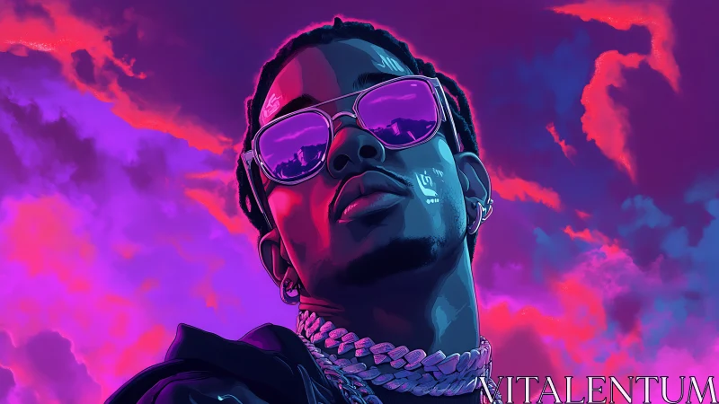 Neon lit portrait of man in sunglasses against vivid sky.