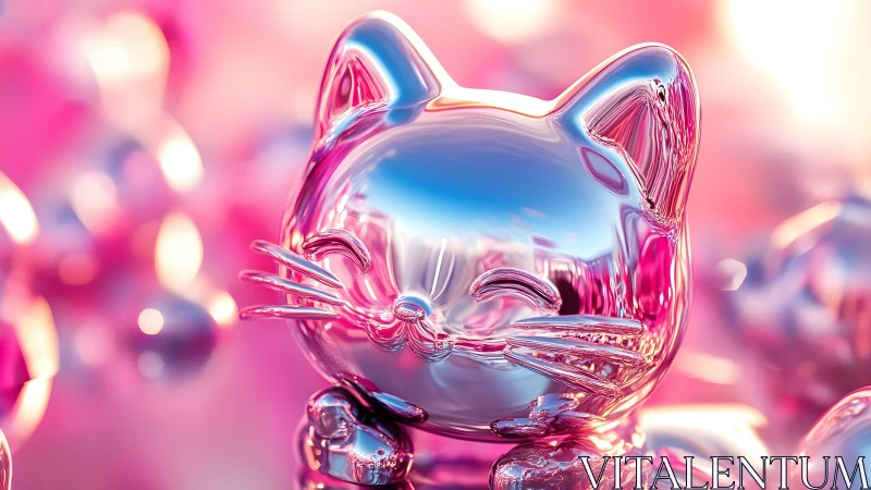 Shiny Glass Cat Figurine in Pastel Pink Dreamy Background.