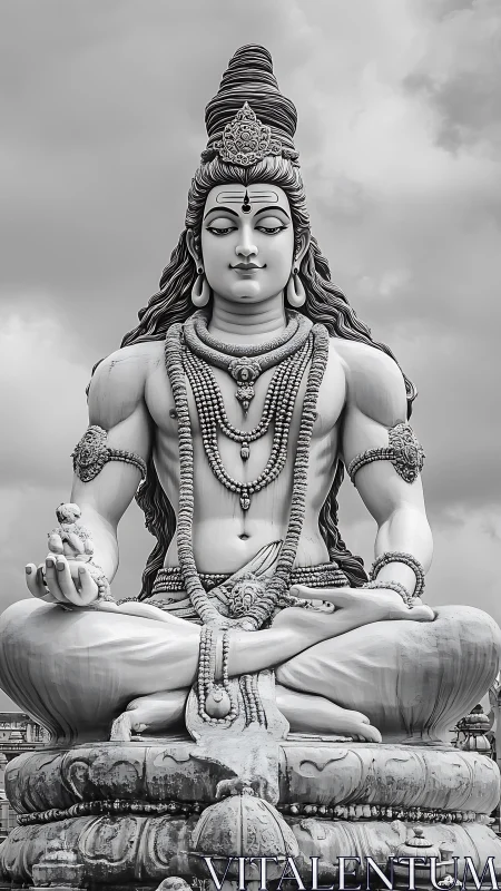 Monochrome monumental Shiva sculpture in meditative symmetry.