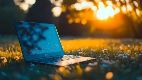 Open laptop on grass captures warm golden hour reflections