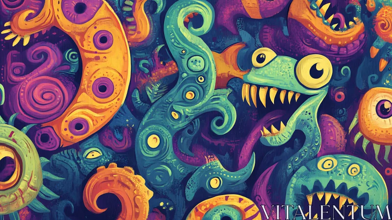 Chromatic tentacled monsters rendered in dense swirling composition