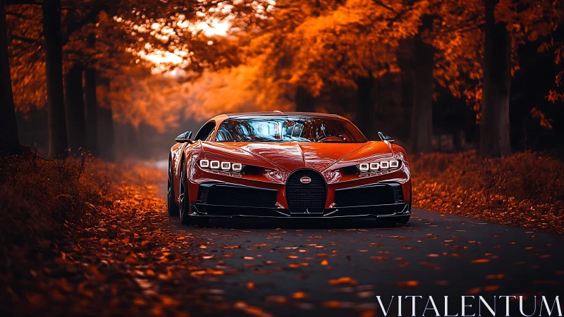 Hypercar front view cuts through saturated autumn woodland corridor