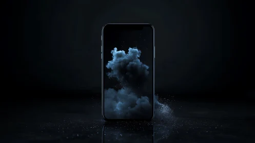 Moody dark smartphone cradles drifting cloudlike smoke