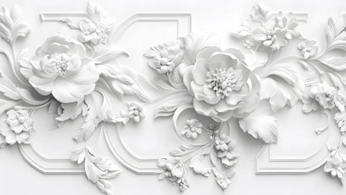 Elegant White Floral Relief Wall Art in Classic Ornamental Style.