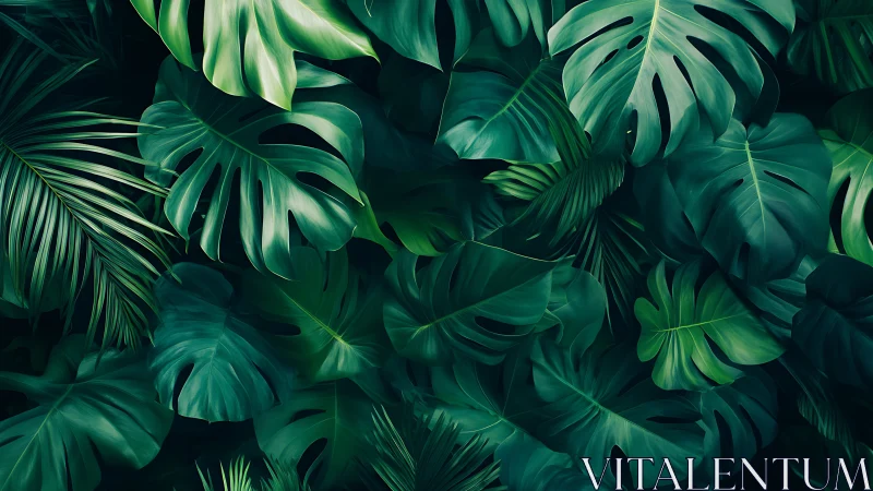 Layered tropical monstera canopy in dense digital foliage.