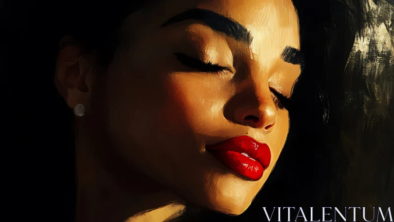 Woman with closed eyes in warm light, bold red lips.