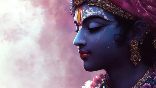 Blue-skinned deity profile portrait with jeweled adornments
