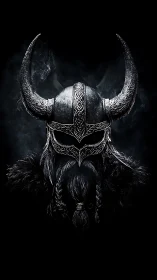 Ornate horned Viking helm in high contrast digital chiaroscuro.