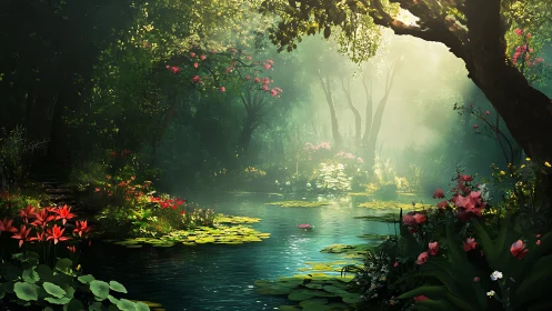 Sunlit lily pond tucked inside a secret flower forest.