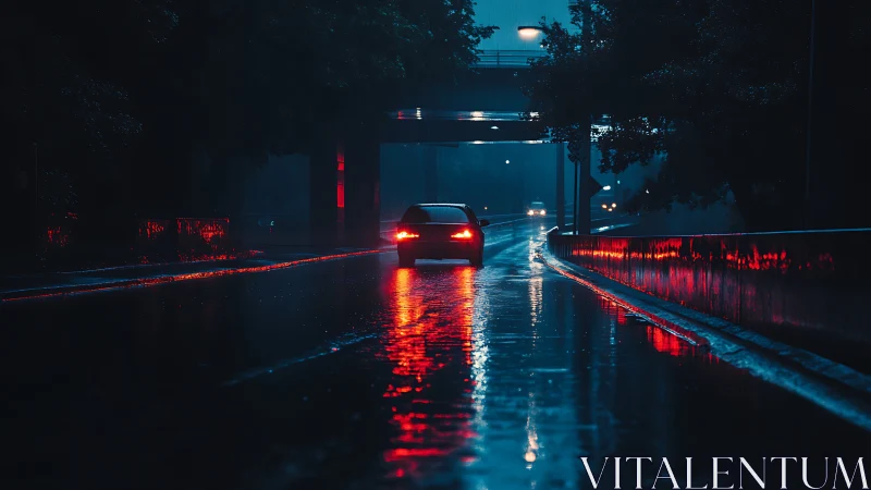 Car drives on wet city road at night under overpass