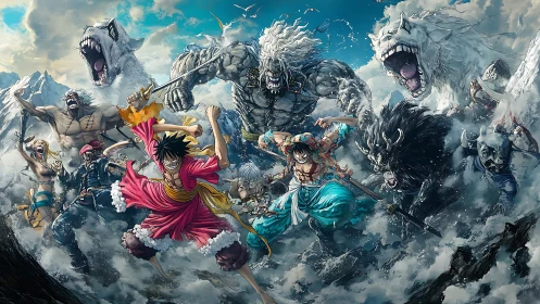 Dynamic anime battle tableau with colossal bestial adversaries.
