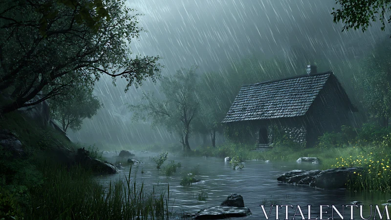 Rain-soaked forest cabin leans into the hush of silver storms