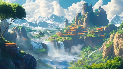 Terraced cliffside citadel overlooks cascading alpine waterfalls