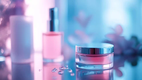 Softly glowing skincare jars invite a calm self-care moment