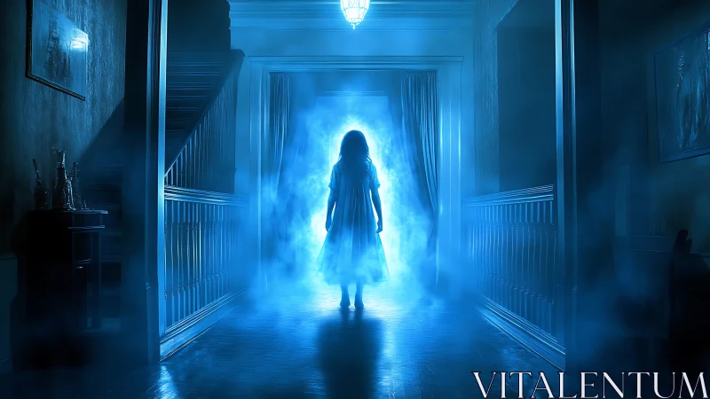 Mystical blue doorway welcomes a lone child into swirling light