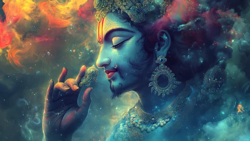 Celestial blue deity inhales swirling cosmic incense dreams