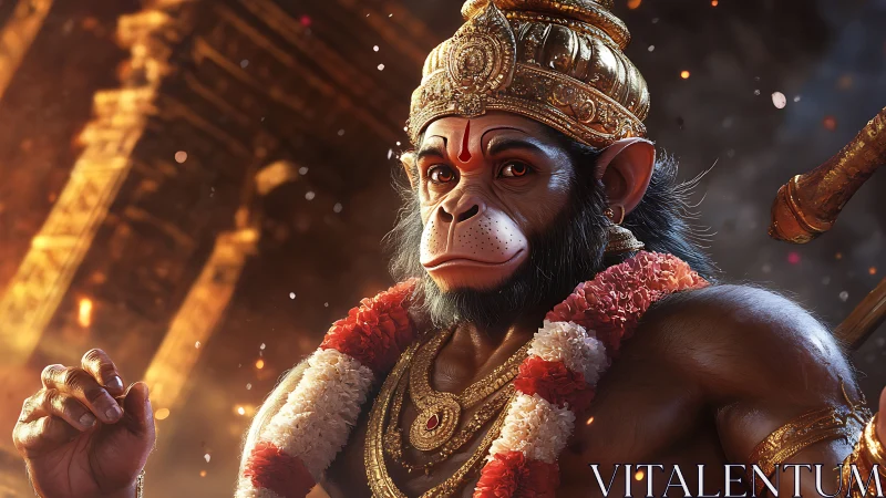 Radiant monkey warrior deity crowned in molten temple light.