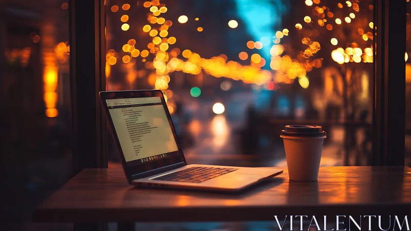 City lights lean over a lone laptop and evening coffee