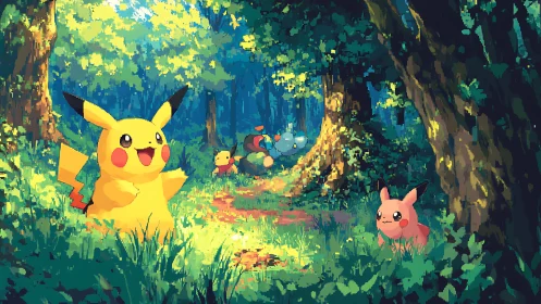 Pikachu and Pawmi Forest Grove Pixel Art.