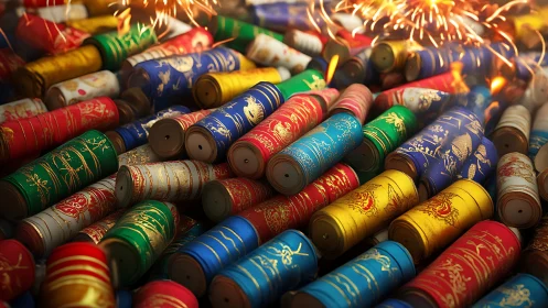 Photoreal fireworks rolls in dense chromatic cluster composition.