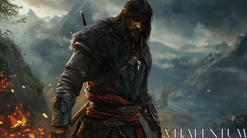 Scarred marauder stalks ember-lit cliffs in stormlight.