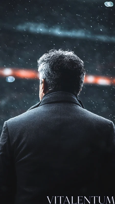 Rear view of man in dark coat under falling rain outdoors.