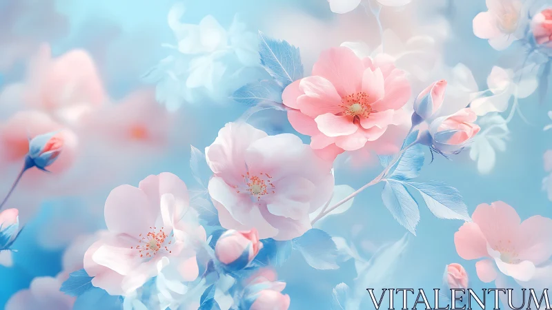 Soft-focus Floral Composition: Pink and White Petals with Blue Bokeh Rendering.